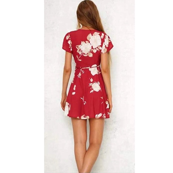 Ruby Red Floral Print Deep V-Neck Mini Dress - Picture 3 of 5